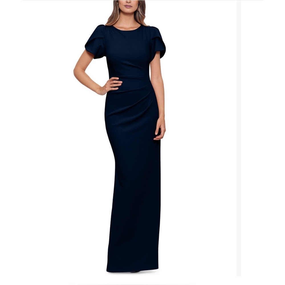 Xscape Navy Blue Maxi Dress with Puff Sleeves